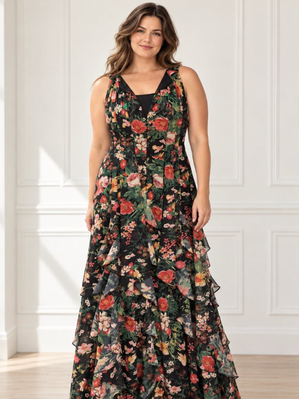 Betsy & Adam NWT Camille Floral Chiffon Ruffled Halter Gown Dress Maxi 14P